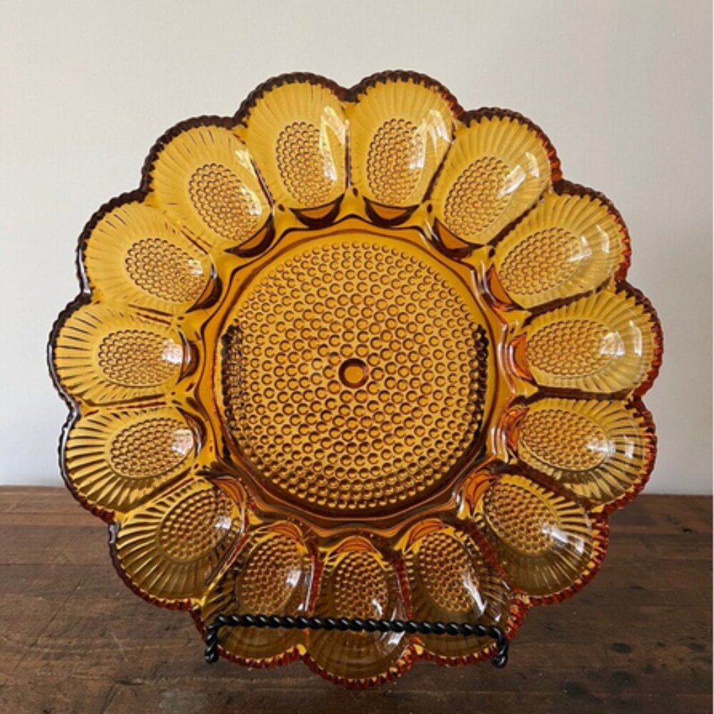 Vintage Indiana Hobnail Raised Amber Carnival Glass Deviled Egg Platter - Picture 2 of 5